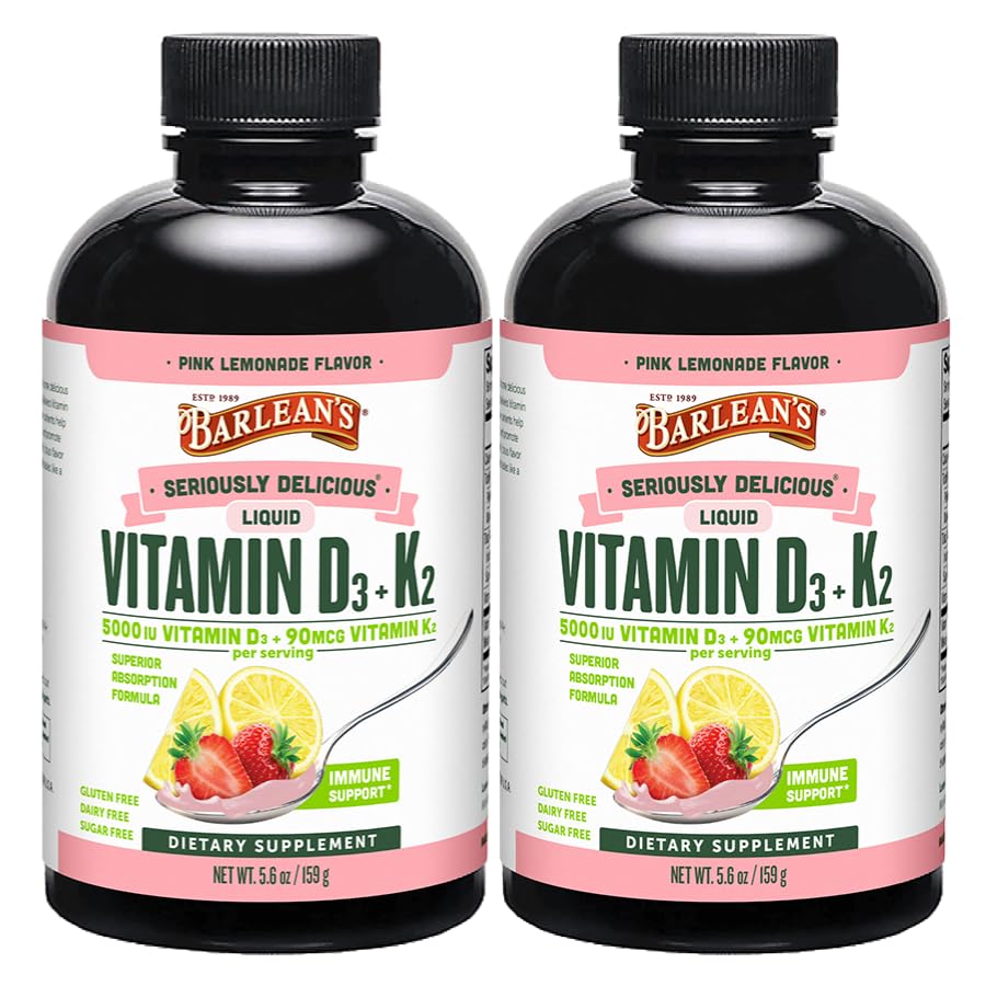 Barlean's Pack 2 Vitamin D3+K2 Tekoči dodatek za otroke in odrasle, 5000 i.e. vitamin D, roza limonada, ne-GMO, Gluten in Dairy Free, 5,6 oz vsak