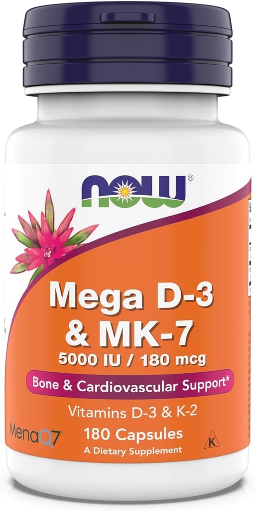 Zdaj dopolnila, Mega D-3 & MK-7, 5000 i.e. / 180 μg, kostna in kardiovaskularna podpora*, vitamini K-3 & K-2, 180 kapsul