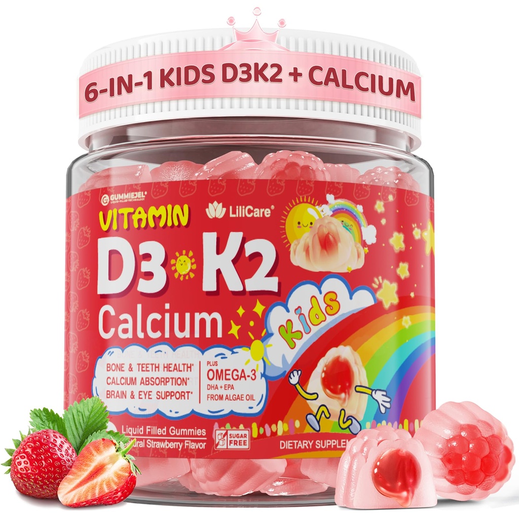 Vitamin D3 K2 + Kalcij, napolnjen s tekočino za otroke in najstnike, 1000IU / 2000IU D3 z magnezijem, Algal Omega 3, otroci Vitamini za kosti in zobe, kalcijeva absorpcija, možgani, imunski, sladkor brez, 60Cts