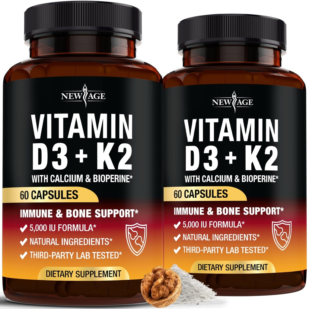 NOVA STAROST Vitamin D3 5000 i.e. + K2 MK-7 100 mcg - 2 v 1 kost, Imunska in srčna podpora, Enostaven za pogoltnitev, Ne-GMO - 120 kapsul