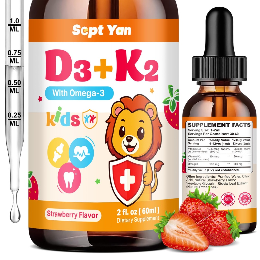Otroci Vitamin D3 K2 Kapljice - K2 D3 Vitamin dodatek 1000 i.e. z Omega 3, podpora kosti, razpoloženje, zobje in imunski - Vitamin D3 K2 (MK-7) Tekoče kapljice za odrasle in otroke, brez sladkorja Jagodna aroma 2 FL OZ