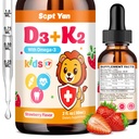 Otroci Vitamin D3 K2 Kapljice - K2 D3 Vitamin dodatek 1000 i.e. z Omega 3, podpora kosti, razpoloženje, zobje in imunski - Vitamin D3 K2 (MK-7) Tekoče kapljice za odrasle in otroke, brez sladkorja Jagodna aroma 2 FL OZ