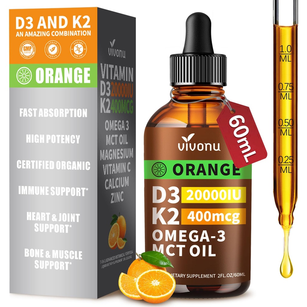 Vitamin D3 K2 Kapljice, D3 20000 i.e. & K2 kot MK-7 400mcg z magnezijem, kalcij, cink in omega 3 za imuno*, razpoloženje*, kosti* zdravje, oranžna aroma Vitamin D tekoče kapljice dodatek 1 steklenica/2 Ounce