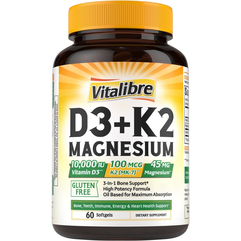 Vitamin Vitalibre D3 K2 + Magnezij dodatek, 10000 i.e. vitamin D3 & 100 μg K2, z magnezijevim glicinatom, kostmi, zobmi, imuno-energijsko podporo, visoko absorpcijo, ne-GMO, enostavno požiranje, 60 kapsul