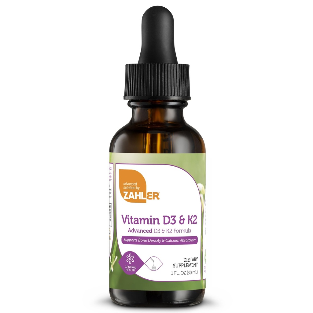 Zahler Vitamin D3 K2 Kapljice, Tekoči D3 s K2, 1000IU vitamina D in 1000mcg K2 na serviranje, podpira gostoto kosti in kalcijevo absorpcijo, 1Fl Oz.