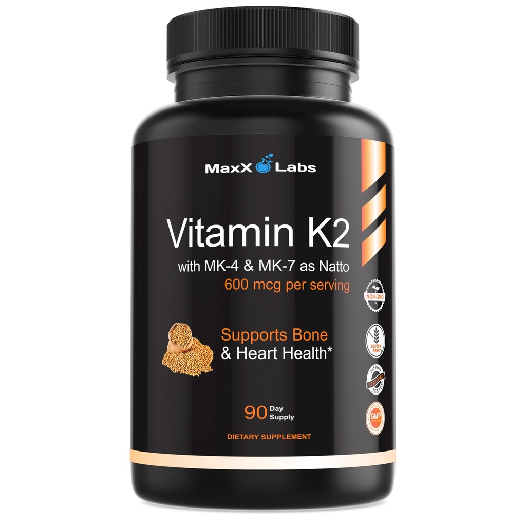 Vitamin K2 dodatek - Popoln spekter Vitamin K2-MK7, MK4 & Vitamin D - Visoka trdnost K2 deluje z vitaminom-D3 - Vitamin-K 600mcg - podpira zdravje kosti - 90 kapsul