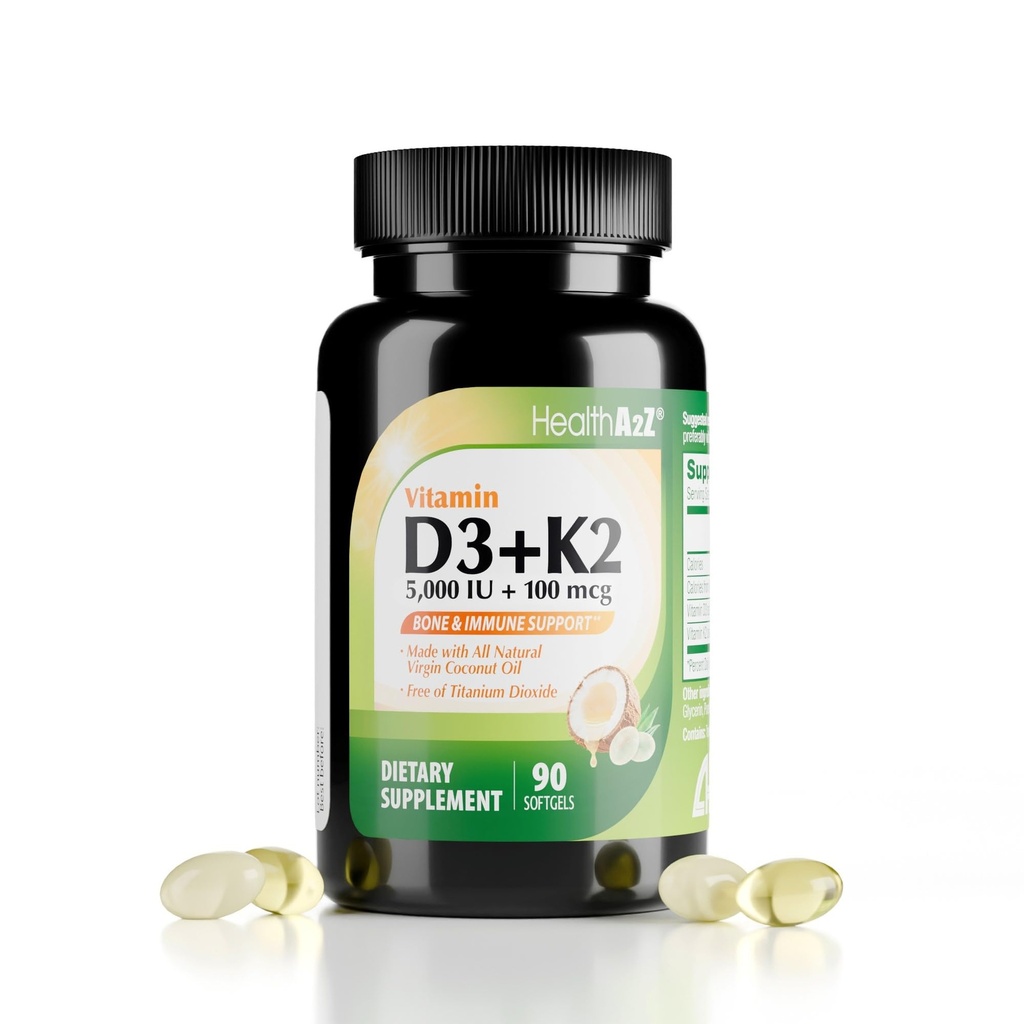 HealthA2Z® Vitamin D3 (5.000 i.e.) + K2 (MK-7) Izdelano z Deviškim kokosovim oljem (naravna MCT) - 90 softgels (paket po 1) - pomaga pri absorpciji kalcija za kosti, zobe, razpoloženje in imuno zdravje