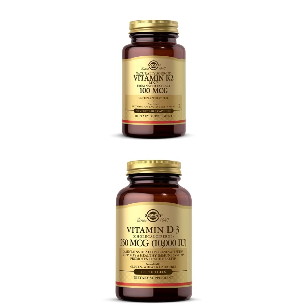 Solgar Vitamin K2 (MK-7) 100mcg, 50 Zelenjavne kapsule - podpira zdravje kosti Vitamin D3 (Cholekalciferol) 250 MCG (10. 000 i.e.), 120 Softgels - Podpora imunskega sistema