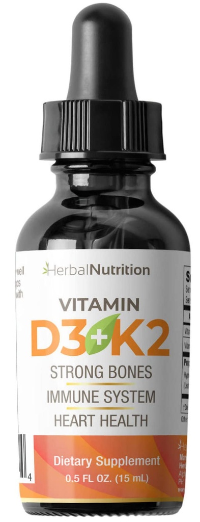Herbal Nutrition Organic Vitamin D3 K2 Kapljice – 5000 i.e. D3 + 63mcg MK7 K2 – 270 Služabniki, Vegan, Liquid Supplement Superior Dostava – kosti, srce, Imune & Mood Podpora – Peppermint Flavor