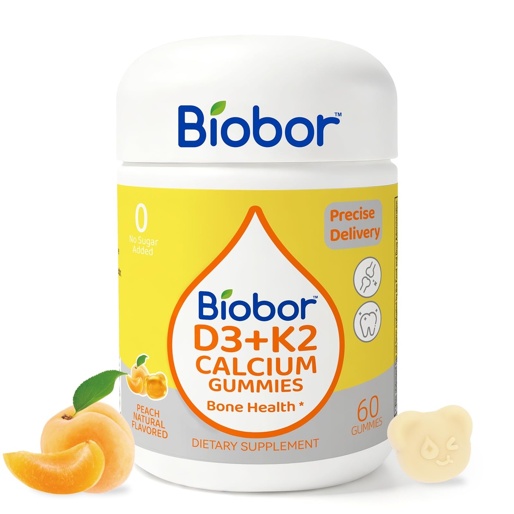 Biobor Vitamin D3 K2 Gumiji s kalcijom, 2000 i.e. D3 & 200 μg K2(MK-7) & 200 mg Kalcij, brez dodanega sladkorja, podpira zdravje zdravih kosti in imunskega zdravja, brez glutena, brez GSO, rumenega breskve, 60