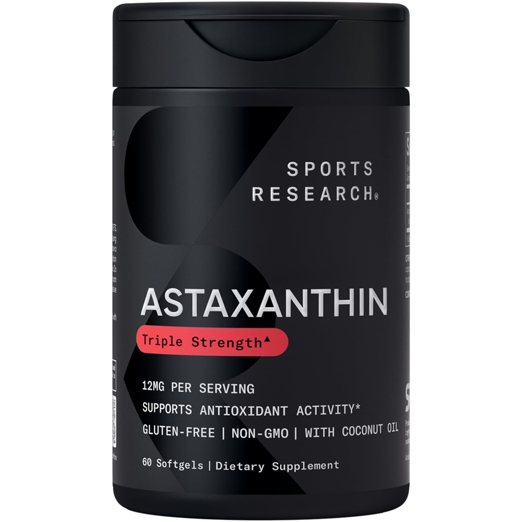 Športne raziskave ® Triple Jakost Astaksantin 12mg w/Organic Coconut Oil - Antioksidant dopolnilo za podporo za zdravje kože in oči* - Soy Free · Non-GMO · Gluten Free - 60 Softgels
