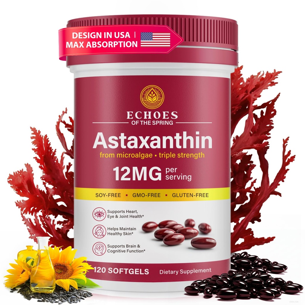 Astaksantin 12mg – naravni astaksantin iz hemotokoka Pluvialis, Triple Jakost Antioksidant dodatek za oči, kožo, skupne in imunske podpore (120 število (Pack po 1))