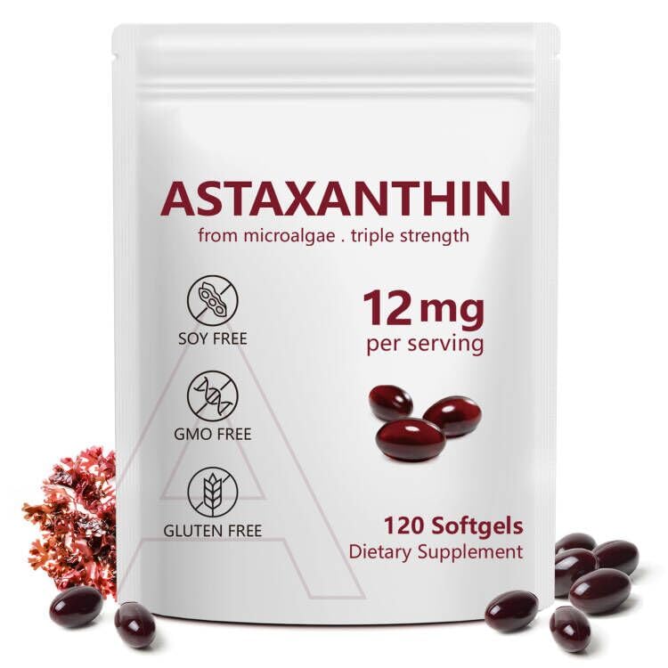 Astaksantin 12mg, 120 Softgels, 4 Mesec dobave, Premium Astaksantin Antioksidant dopolnila z antioksidantno aktivnostjo, Podpira oči, Imuno, Skupni, zdravje kože, Notranji kroženje