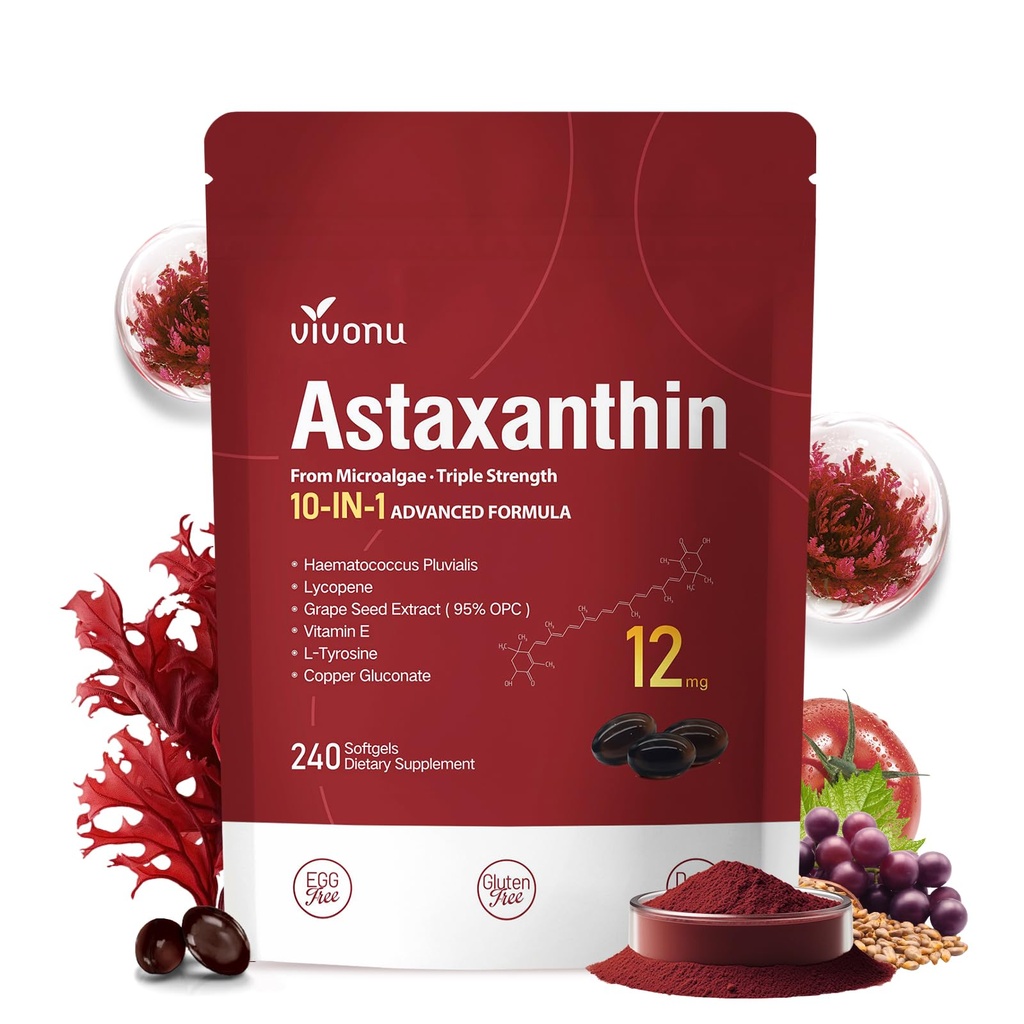 10 v 1 Astaksantin 12mg dopolnila, 4 Mesec dobave, Astaksantin Antioksidant iz svežega Haematococcus Pluvialis, Vsebuje likopen, grozdno seme, vitamin E, & več podpore oči, sklepi, zdravje kože