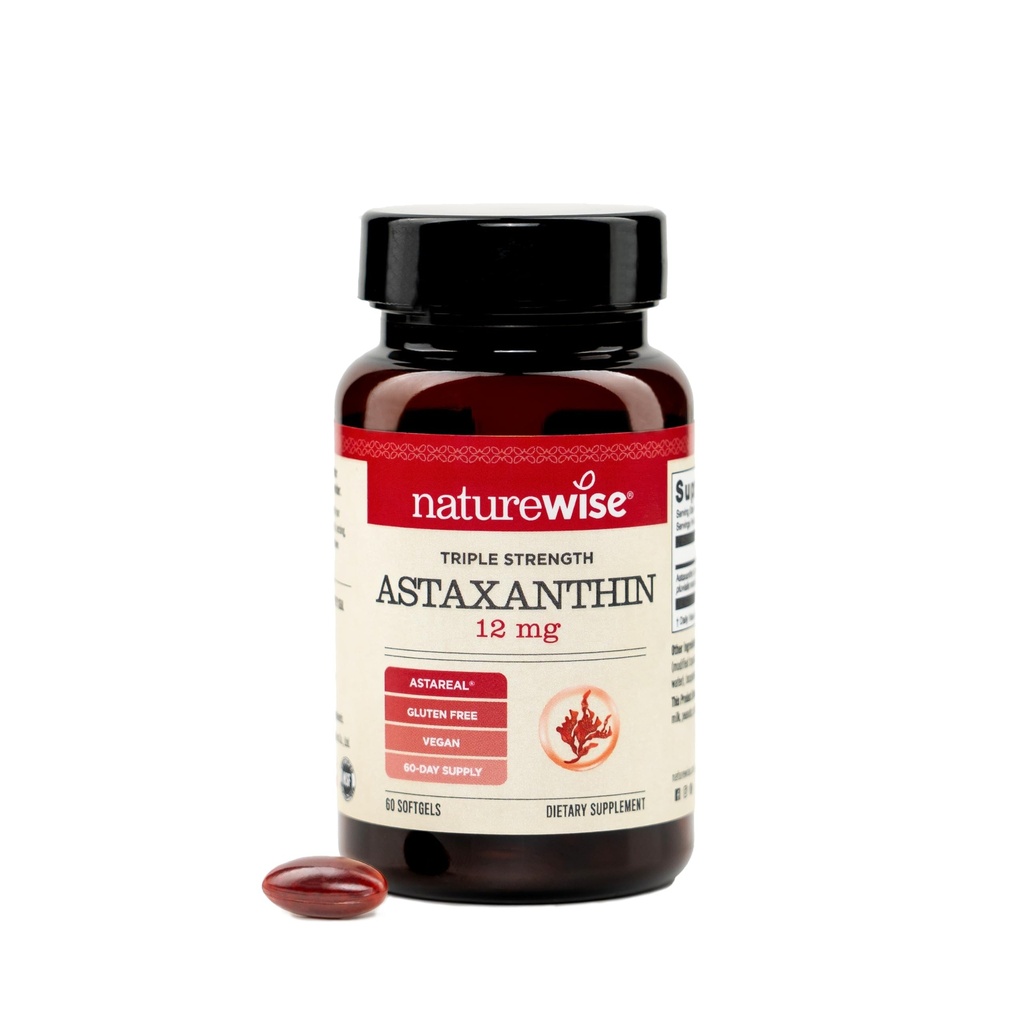 NatureWise Trojna moč Astaksantin 12mg z AstaReal® - Veganski antioksidant dodatek z organskim kokosovim oljem - NSF Certified Gluten Free, Non-GMO - 60 Softgels[60 Day Supply]