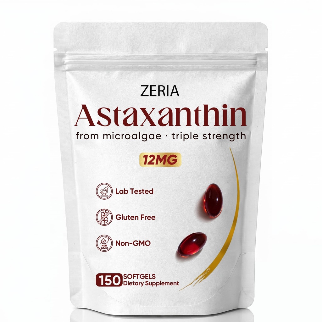 Zeria Astaksantin 12mg, Natural Microalgae Antioksidant dopolnila, Pomaga zaščititi celice pred oksidativnim stresom, kožna čvrstost in elastičnost, Spodbuja zdravo kožo in oči, 150 Softgels
