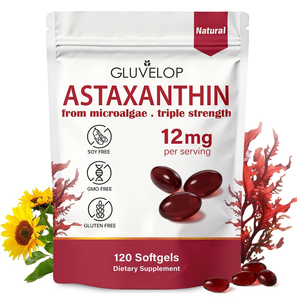 Astaksantin 12mg, Premium Astaksantin Antioksidant dopolnila, Podpira oči, kožo, Imunska, Notranja cirkulacija, Sveže mikroalge Vir, Trojna moč, Ne-GMO, 4 Mesec dobave, 120 Softgels