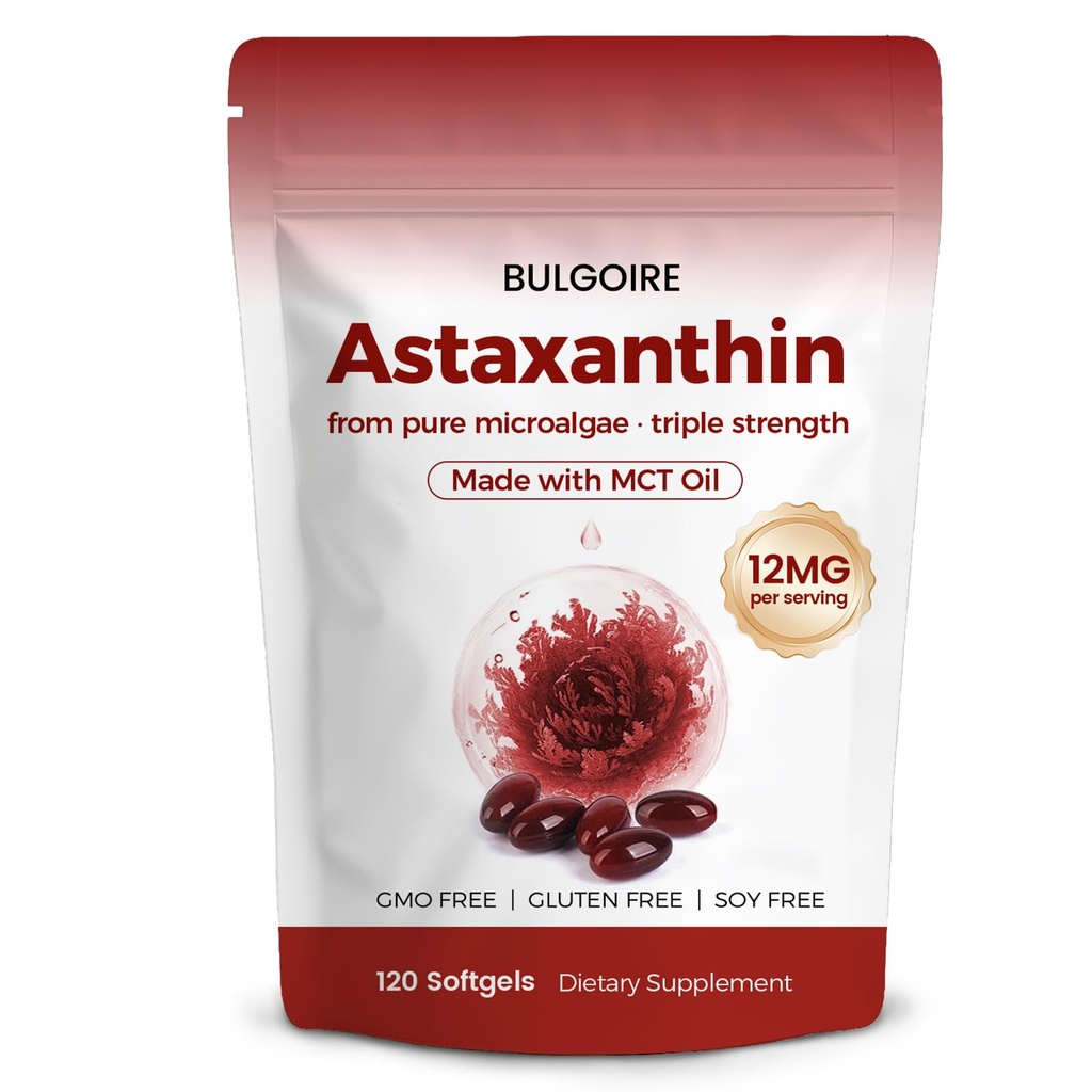 Astaksantin 12mg z MCT oljem – 120 Softgels, Premium Astaksantin Organic Supplements, za ledvice, oči in kožo, naravni mikroalge Vir, Trojna moč, Non-GMO & Gluten brezplačno (Pack of 1)