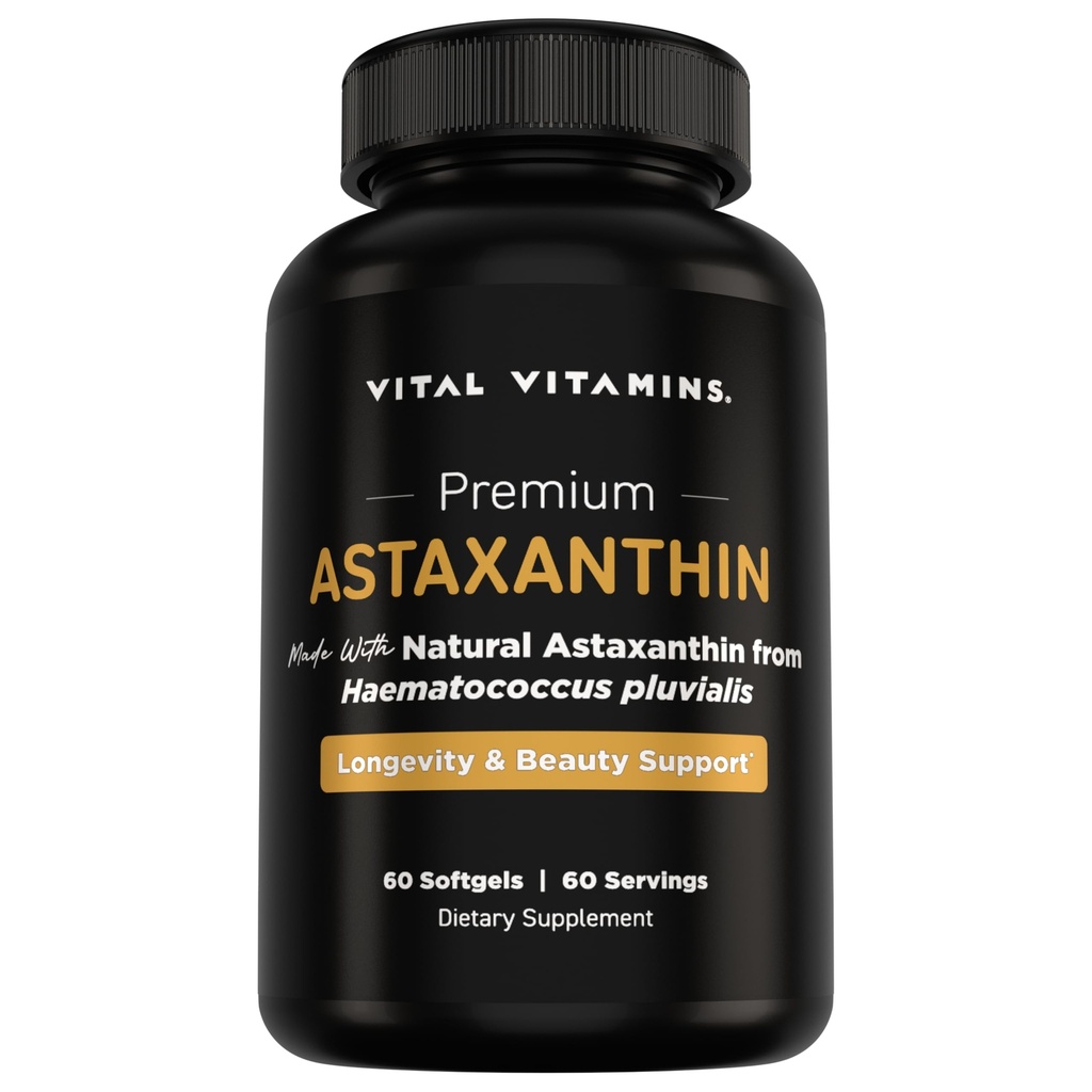 Vital Vitamini Astaksantin 12mg Softgels - izdelan z naravnim astaksantin - dopolnilo za spodbujanje hidracije kože, elastičnost - brani celice proti dnevni škodi - Vegan, Made in the USA - 60 Soft Gels