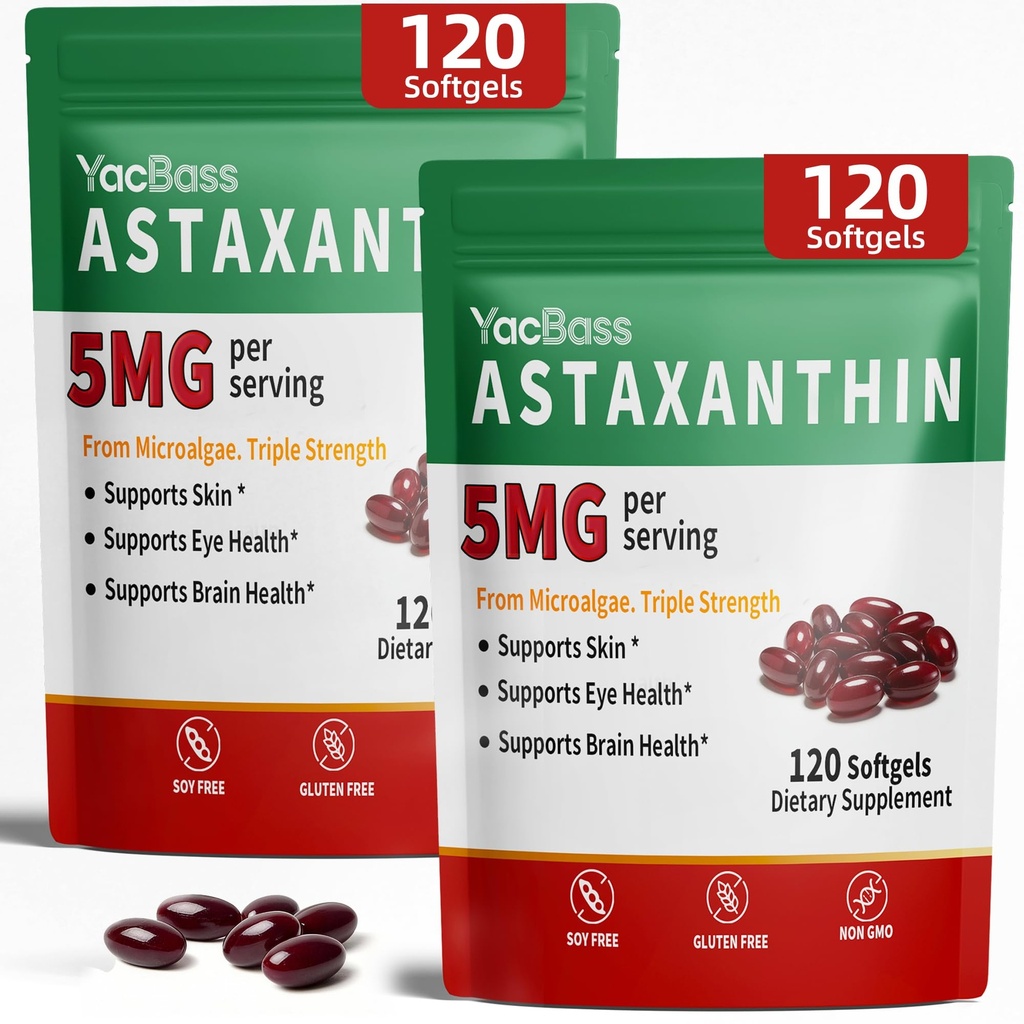 2Pack Astaksantin dopolnila 12mg - Premium astaksantin za oči, možgane, kožo in imunske podpore, mikroalge vir, 240 Mehkužci