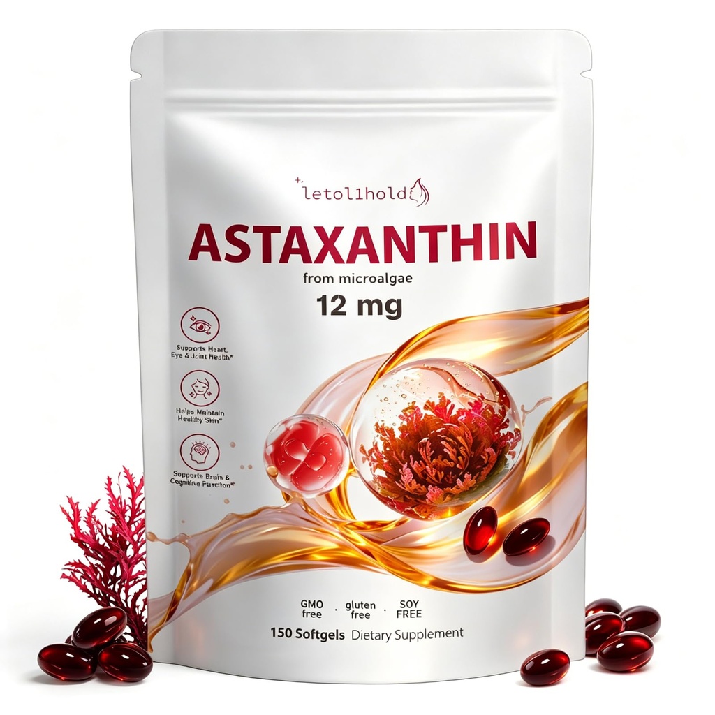 Astaksantin 12mg, 150 Softgels - 5 mesecev dobava, Astaksantin dopolnila Izvir iz sveže mikroalge, Non-GMO, Gluten brezplačno, enostaven za pogoltniti