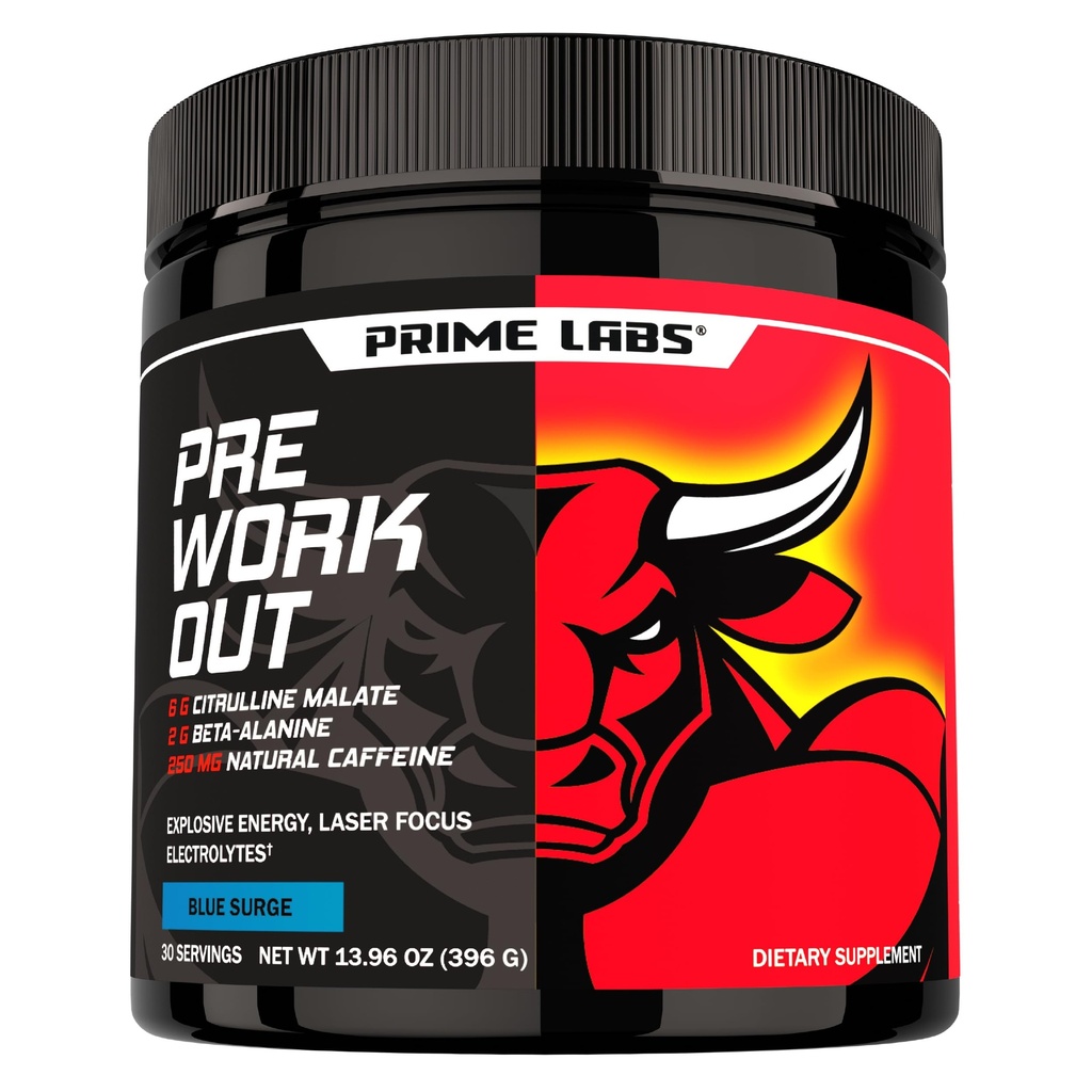 Prime Labs Pre Workout Powder za moške - s citrulin malate, beta-alanin in naravni kofein - Energija, fokus, moč - Modra limonada Flavor - 30 Servinga