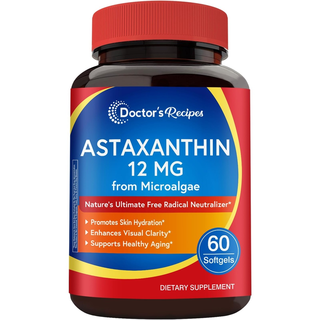 Zdravnik recepti Astaksantin 12 mg, od sveže Premium mikroalge, Max moč, No Gluten, Non-GMO, Podpira kožo, oči, kosti in imunskega sistema zdravje, 60 Softgels