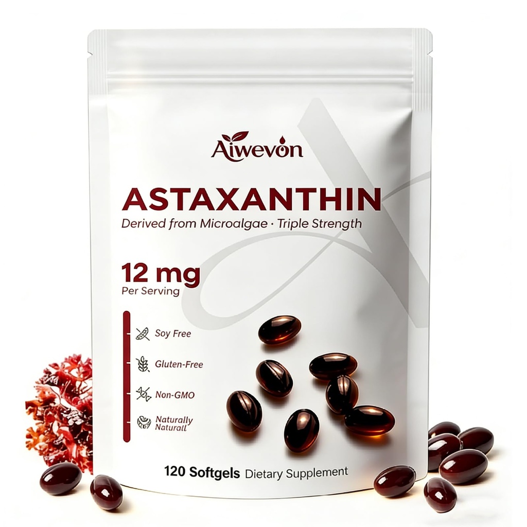Astaksantin Dodatek 12mg softgels, naravni astaksantin iz mikroalge z MCT oljem za absorpcijo, močan antioksidant podpora za zdravje kože oči srca skupno, ne-GMO Gluten brezplačno, 120 Softgels