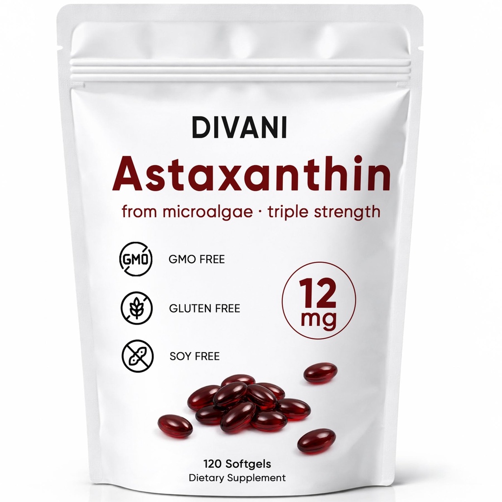 DIVANI Astaksantin 12 mg, Antioksidant dopolnilo za dnevno Wellness, Imunska, Podpora oči in kože, Non-GMO, Gluten Free - 120 Softgels