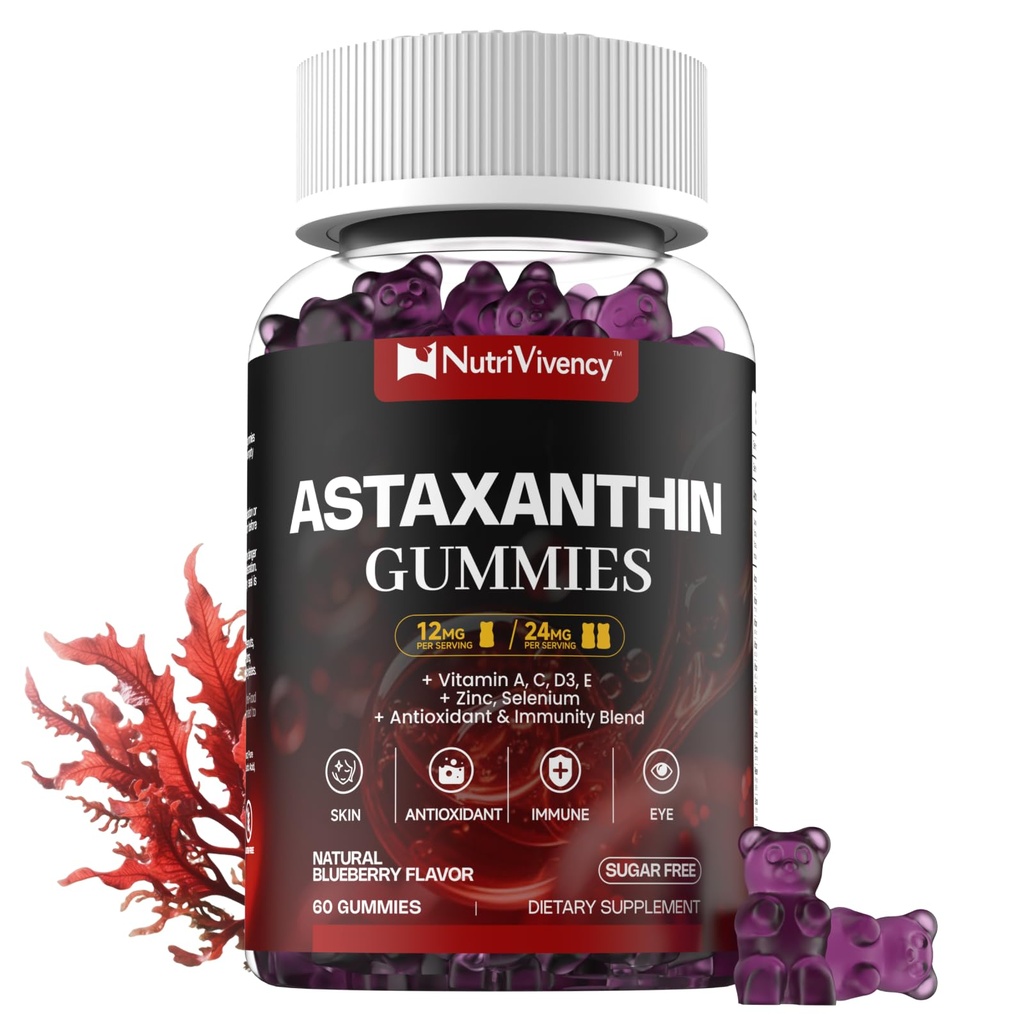 Astaksantin Gumies, 12mg na Gummy 24mg Max, Astaksantin dopolnila z vitaminom A/C/D/E, Resveratrol, 14-IN-1 Antioksidanti Mešanica za ženske moške, kožo, oči, imunske podpore, sladkor brez, Vegan, 60 Ct
