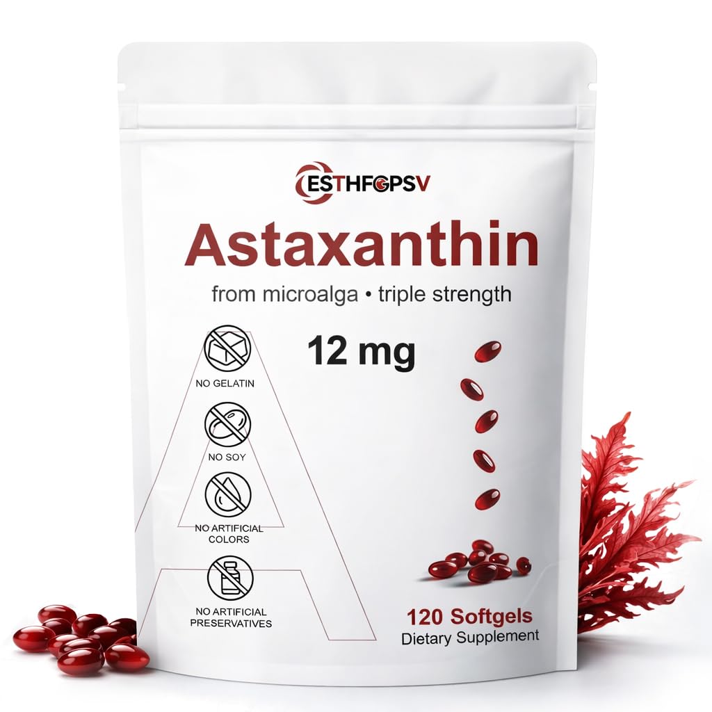 Premium Astaksantin 12mg Antioksidant dodatek z vitaminom E – 120 Softgels, zaloga 4 mesecev, mikroalge vir, podpira kožo, oči in skupno zdravje, ne-GMO, Gluten & Soy Free