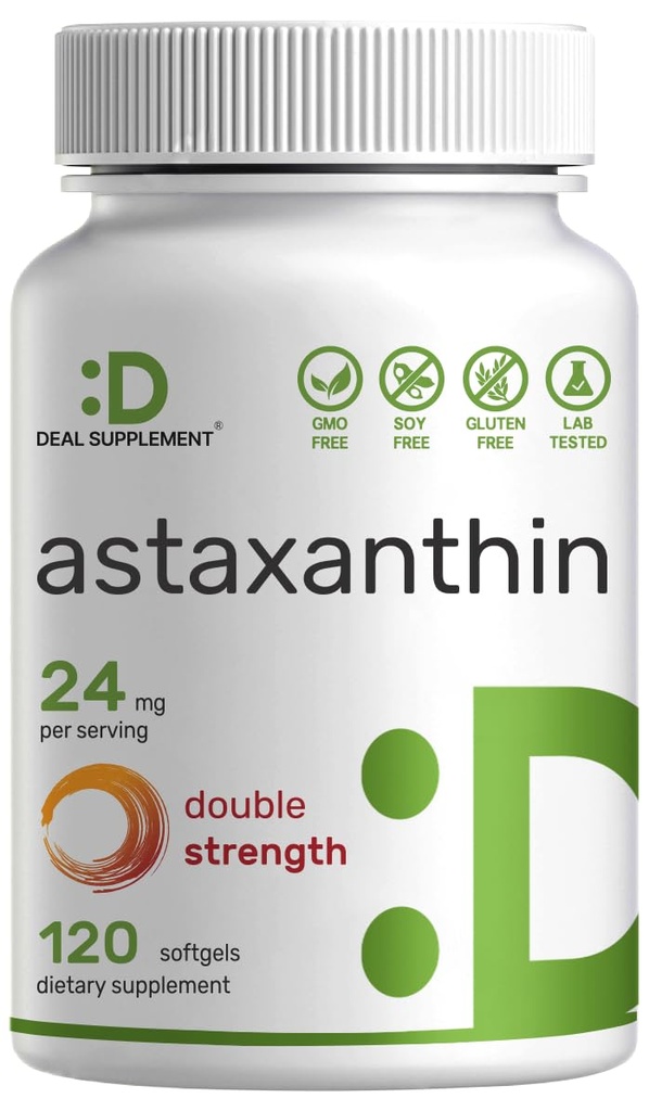 DEAL DOPOLNILO Astaksantin 24mg na obrok (12mg na kapo), 120 Softgels – Dvojna moč mikroalge – Antioksidant dopolnila za kožo, oči, sklepov in imunske podpore – Non-GMO