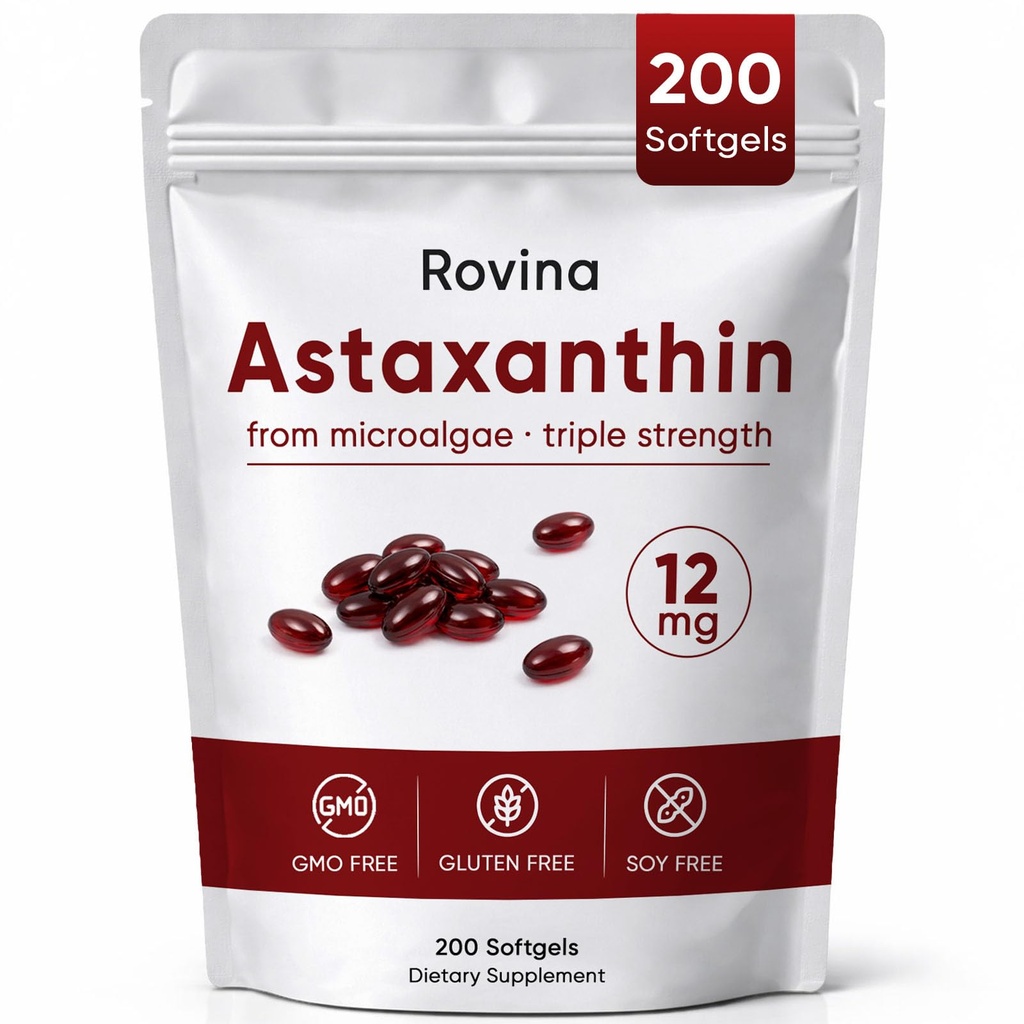 Rovina Astaksantin 12mg Softgels, Antioksidant dopolnilo za dnevno Wellness, Imunska, Podpora oči in kože, Skupno, Notranja cirkulacija, Non-GMO, Gluten Free - 200 Softgels (1)