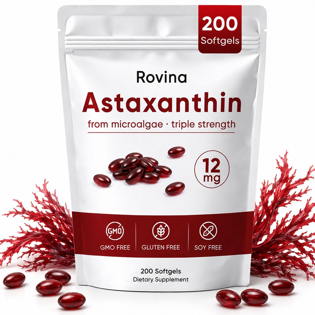ROVINA Astaksantin 12 mg Softgels, Antioksidant dopolnilo podpira oči, kožo, imunski, skupni, notranji kroženje, Non-GMO & Gluten Free - 200 Softgels