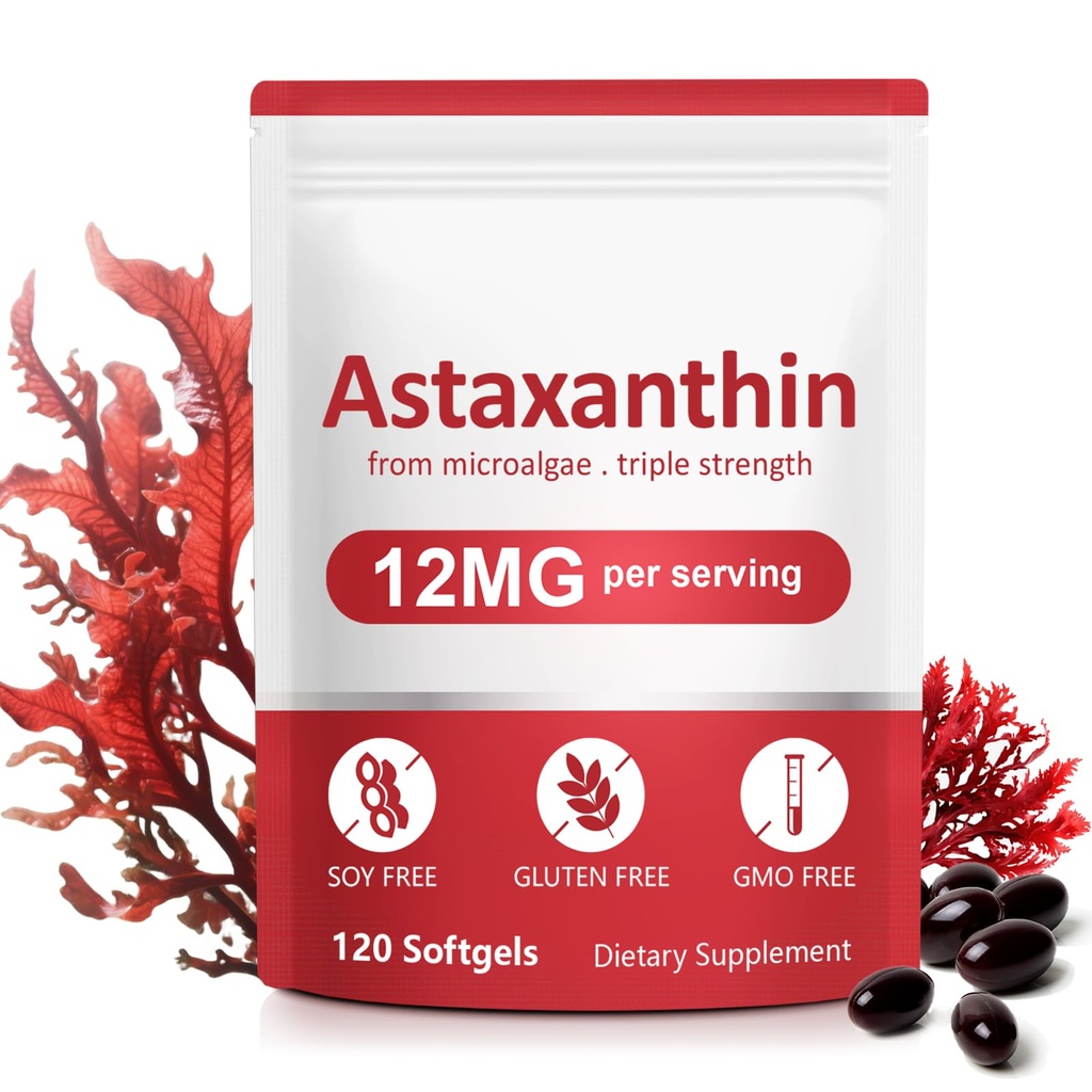 Astaksantin dopolnila,12mg Astaksantin Natural Anti-Aging Formula - podpira oči, skupno, notranje kroženje in zdravje kože, ne-GMO ne-gluten