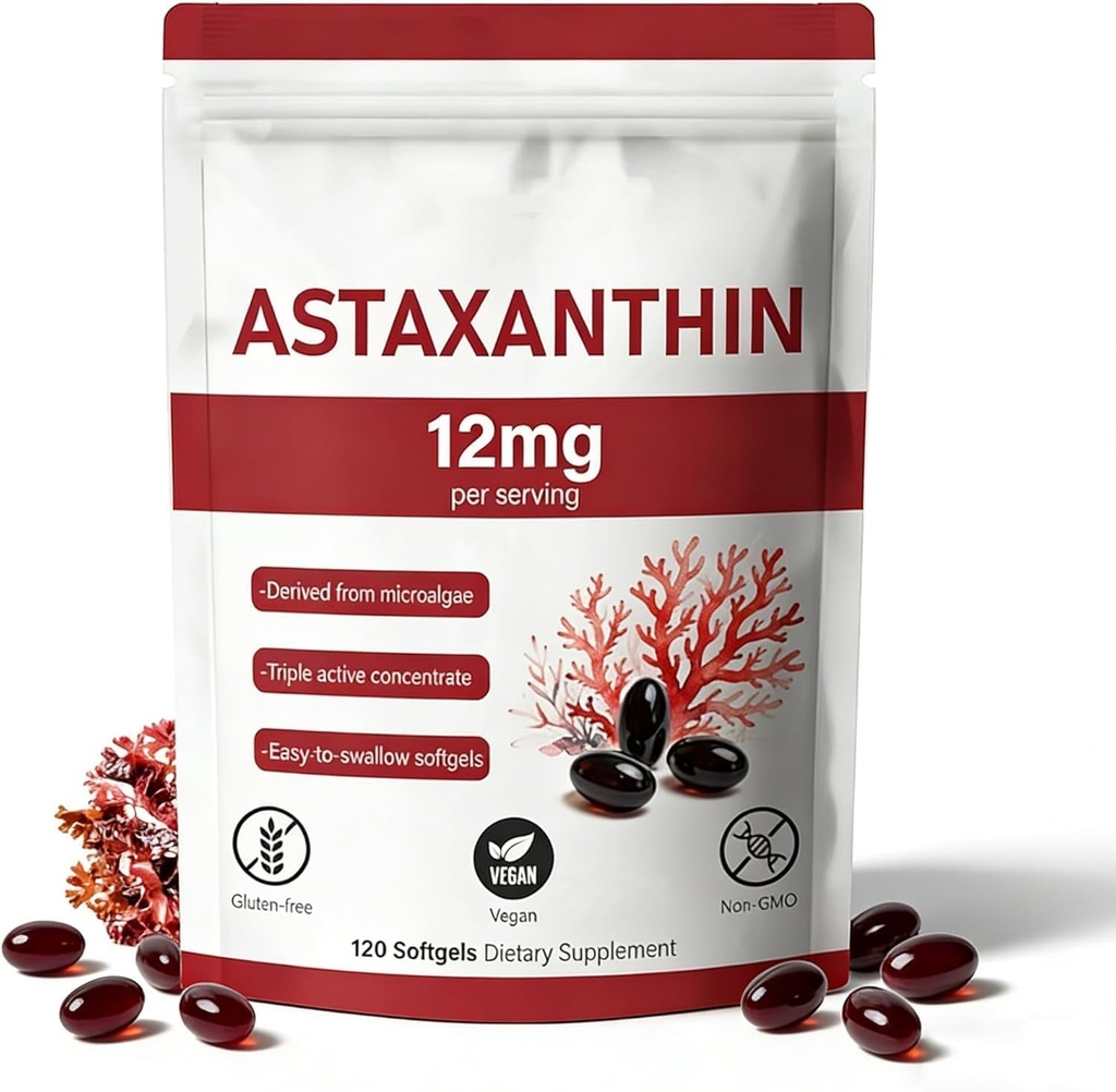 Astaksantin 12mg, 120 Softgels, naravni mikroalge vir, ne-GMO Gluten-free,4 Mesec dobave