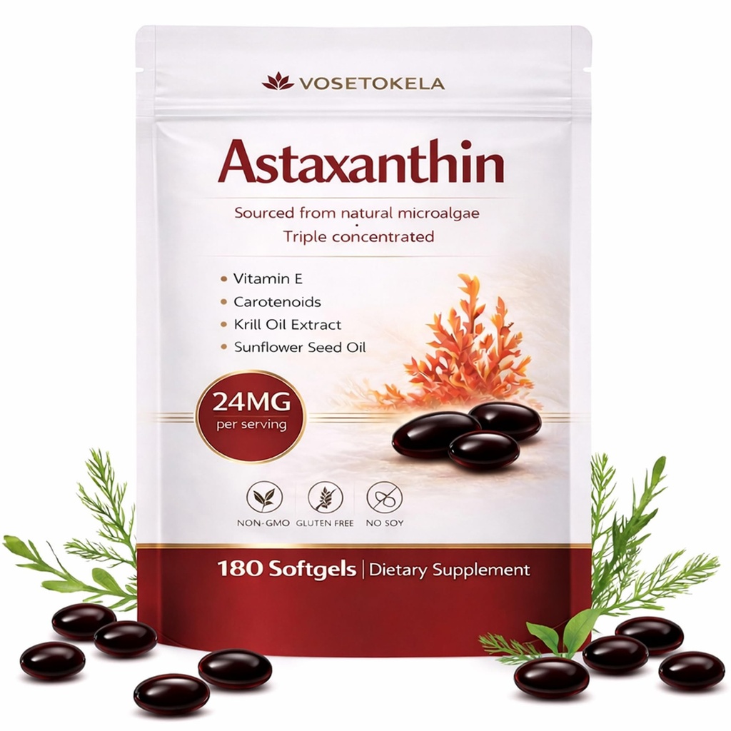 Astaksantin dopolnila, Astaksantin Antioksidant Kapsule, 180 Softgels, 24mg vsak, 6 Mesec oskrbe, iz mikroalge, Gluten-free, Ne-GMO, Podpira zdravo, uravnotežen življenjski slog