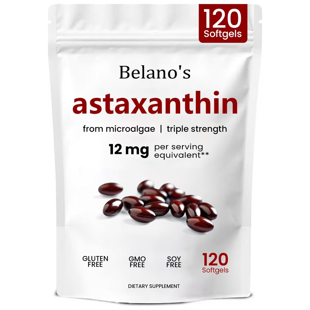 Belano's Astaksantin 12mg, Astaksantin Softgels, Premium Astaksantin Antioksidant Dodatek 