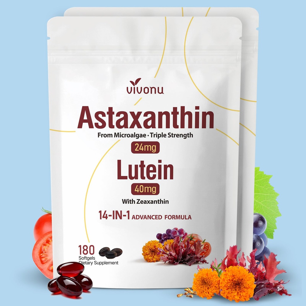 VivoNu 14-v-1 Astaksantin 24mg & Lutein 40mg z Zeaksantin dopolnila, 12 Mesec dobave, 360 Softgels, 2 vrečka