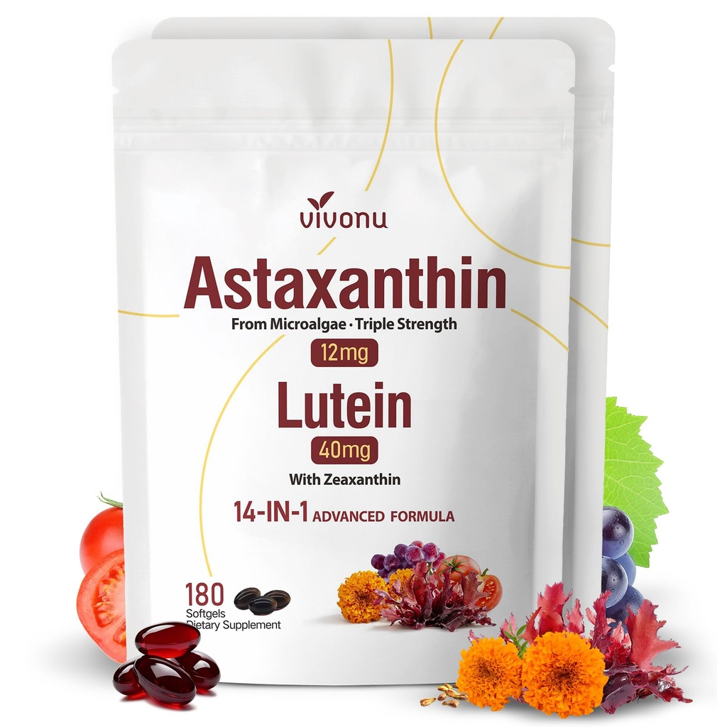 14-v-1 Astaksantin 12mg & Lutein 40mg z Zeaksantin dopolnila, 12 Mesec oskrbe, svež vir mikroalg, Podpira oči, kožo, antioksidant, Skupni, Circulatory Health, Non-GMO, Gluten Free, 2 Bag