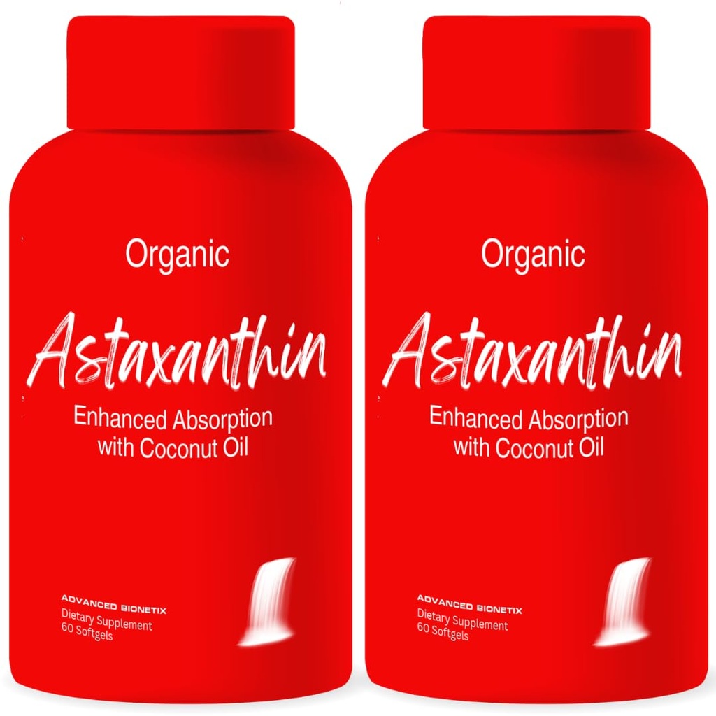 Advanced Bionetix 2 Pack Triple Jakost AstaQuilTM Astaxantin 12mg Visoka biološka uporabnost Formula, 120 Softgels Organic Coconut Oil za izboljšano absorpcijo. Močno antioksidantno oko skupno zdravje srca
