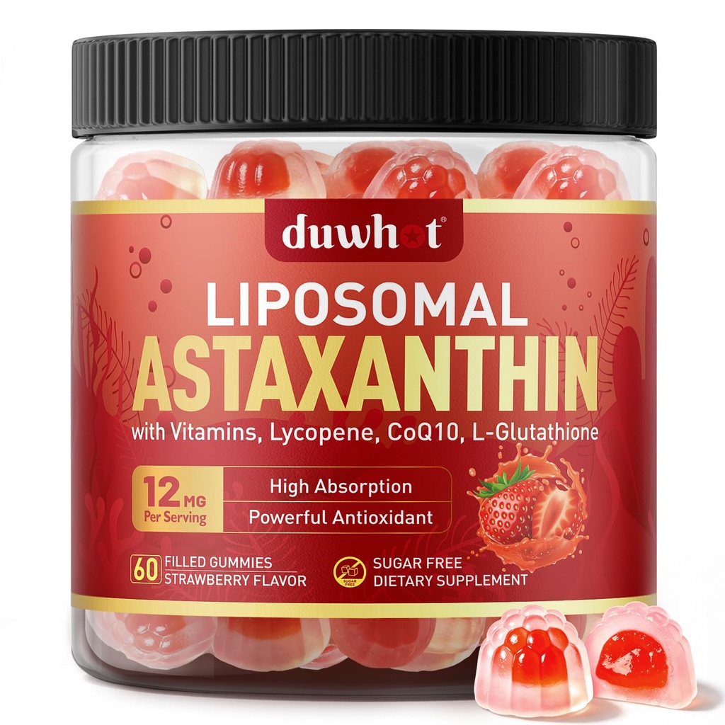 Liposomski astaksantin Gumies, organski astaksantin 12mg dodatki z likopenom, glutation za močan antioksidant, Plus vitamini & CoQ10 za oči, kožo in imuno zdravje, sladkor brez, Vegan, 60
