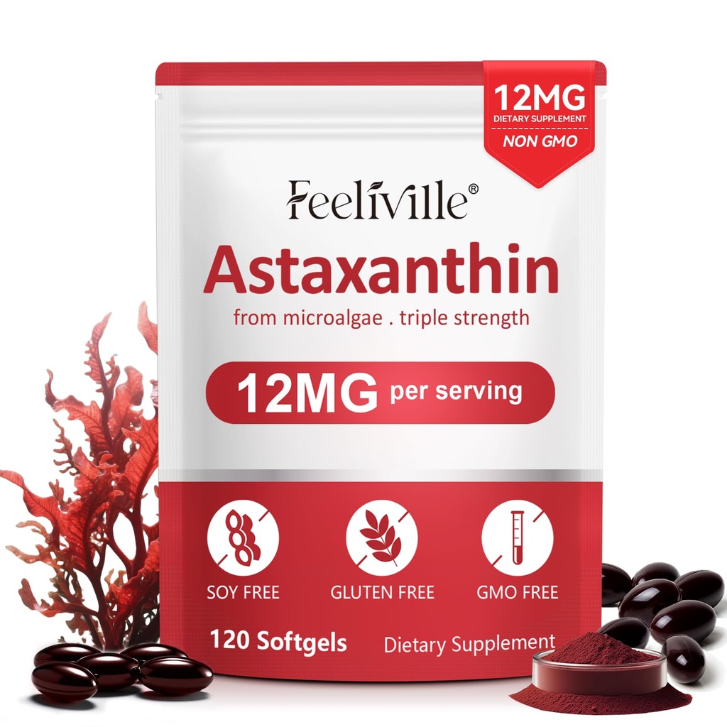 Astaksantin Dopolnila, Premium Astaksantin 12mg Antioksidant z antioksidantno aktivnostjo, Podpira oči, Joint, Imuno, zdravje kože, Notranja cirkulacija, 1Pack( 120 Softgels), Non-GMO & No Gluten