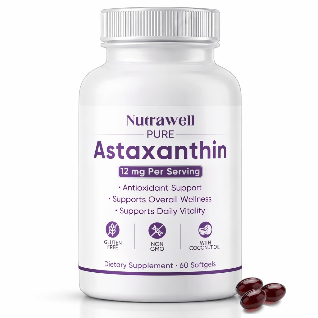 NutraWell Astaksantin 12mg, s kokosovim oljem, antioksidant podporo dodatek, Non-GMO, Gluten prost, 60 Softgels