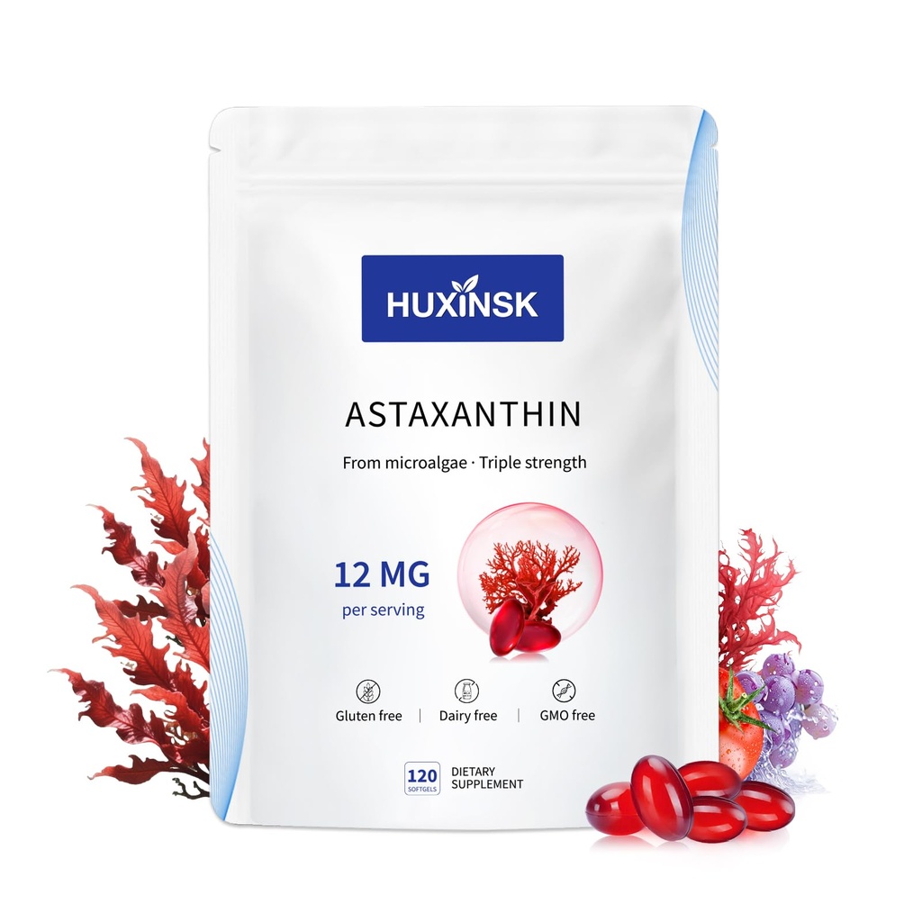 Astaksantin 12mg dodatki, 120 Softgel, Max Jakost Astaksantin Antioksidant dopolnila Form Fresh Microalgee, 4 Mesec oskrbe, Podpira oči, kožo, skupni, možgani, srce in imunski sistem zdravje, 1 vrečka
