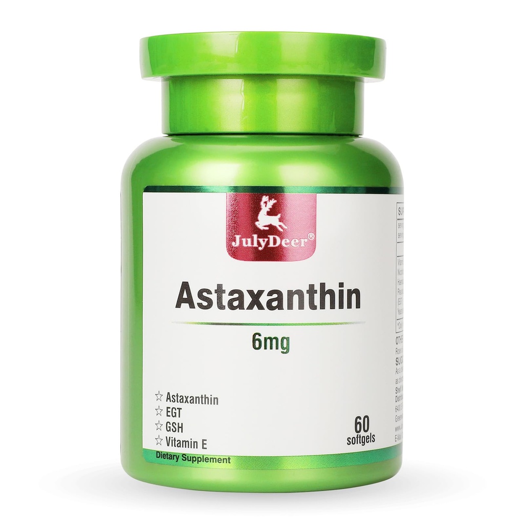 JulijDeer Astaksantin 6 mg na strežbo, 60 Softgels – Dvojna moč Mikroalge – Naravni Haematococcus Pluvialis Vir – Antioksidanti dopolnila za kožo, oči, sklepov, in imunske podpore – Non-GMO