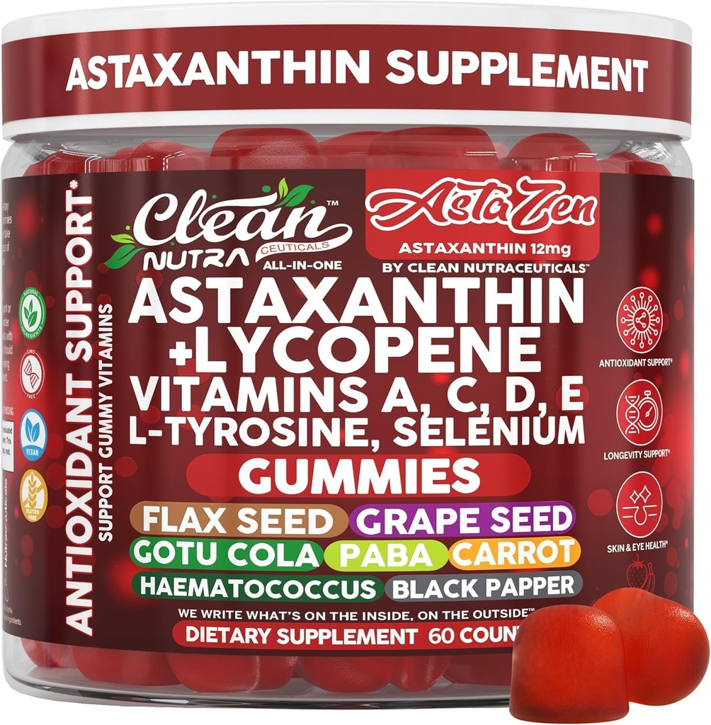 Čisti nutracevtiki AstaZen Astaksantin Gumies 12mg - z likopenom, vitamini A C D E, L-tirozinom in Selenom - antioksidanti support Gumies - 60 Count