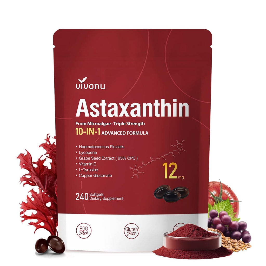VivoNu Astaksantin 12mg dopolnila, 240 Softgels, Fresh Haematococcus Pluvialis 10 v 1 Astaksantin Antioksidant dopolnila, Podpira oči, kožo, skupni, možgani, srce in imunski sistem zdravje
