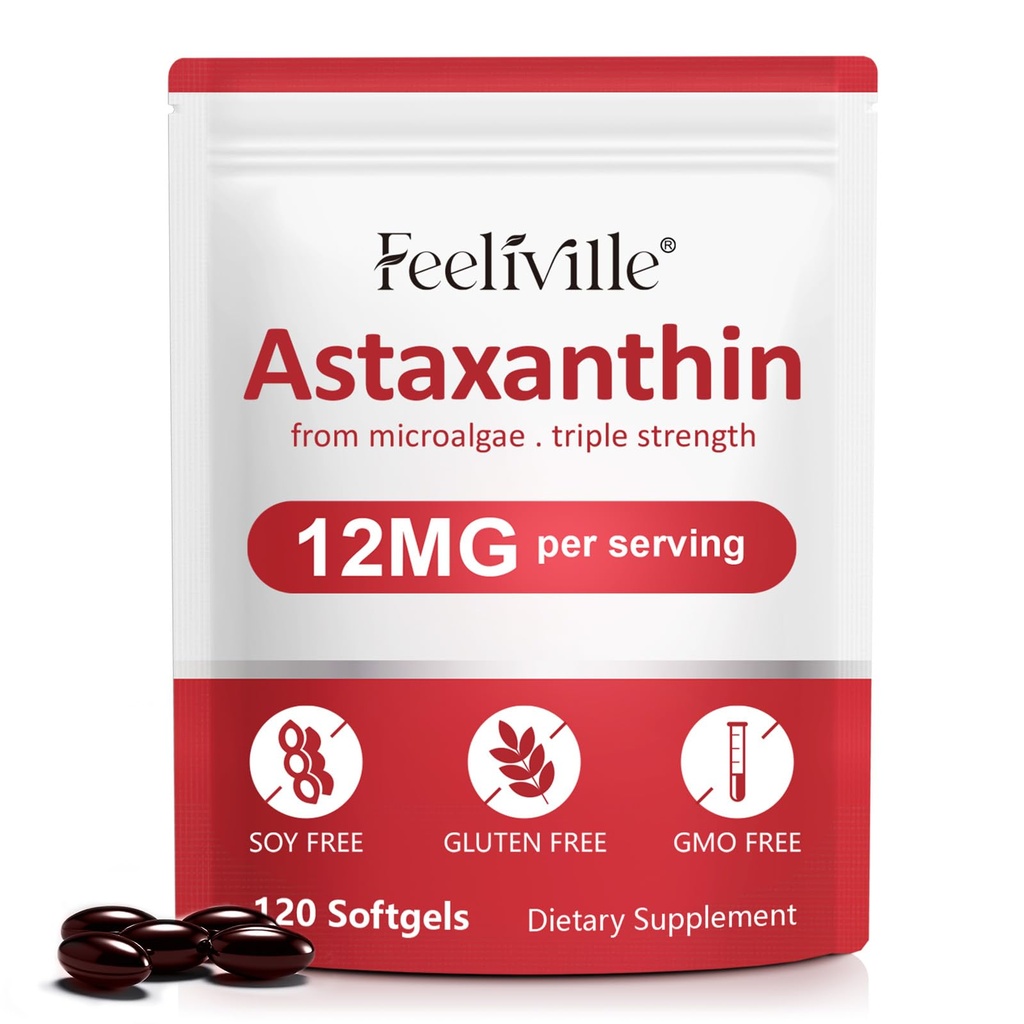 Astaksantin 12mg (120 kapsul) - Premium Astaksantin Antioksidanti dopolnila - Podpira oči, notranje cirkulacije, Imunsko zdravje in zdravje kože - svež vir mikroalg - Non-GMO & No Gluten