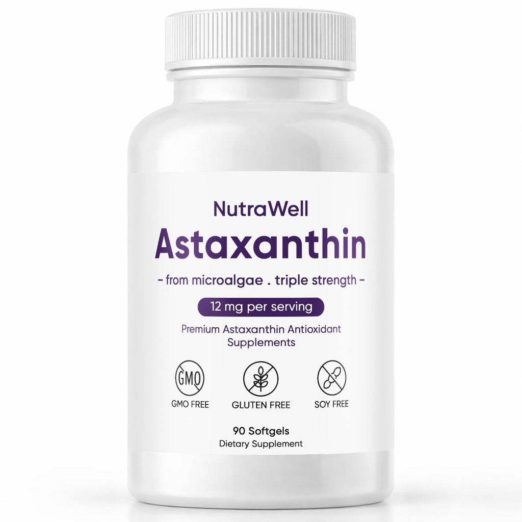 Nutrawell Astaksantin - Dnevni dodatek proti oksidantom Wellness z naravno izvorno Astaksantin Clean Formula za Active Adult Lifestyle Enostavno jemati kapsule - 90 Softgels (1)